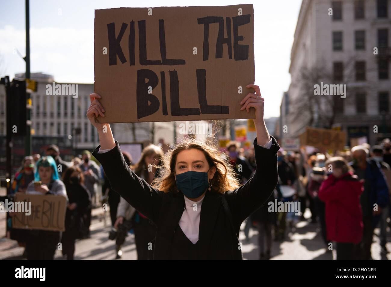 Demonstrators during a 'Kill The Bill' protest against The Police, Crime, Sentencing and Courts Bill in Victoria Square, Birmingham. Picture date: Saturday April 3, 2021. Stock Photo