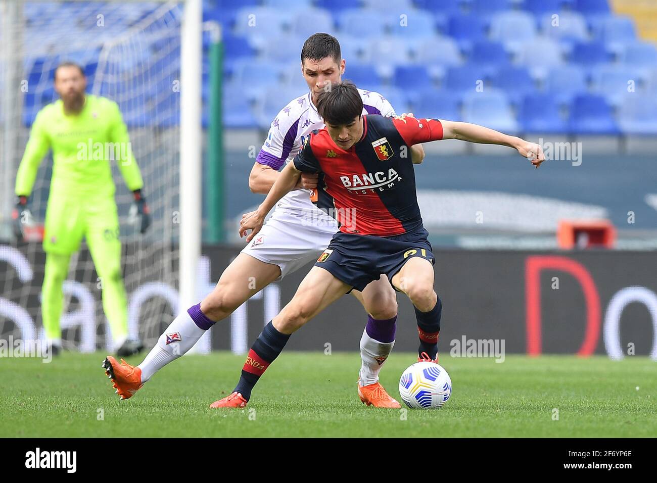 Genova, Italy. 03rd Apr, 2021. Nikola MILENKOVIC (Fiorentina), Eldor  Shomurodov (Genoa) during Genoa CFC vs ACF Fiorentina, Italian football  Serie A match in Genova, Italy, April 03 2021 Credit: Independent Photo  Agency/Alamy