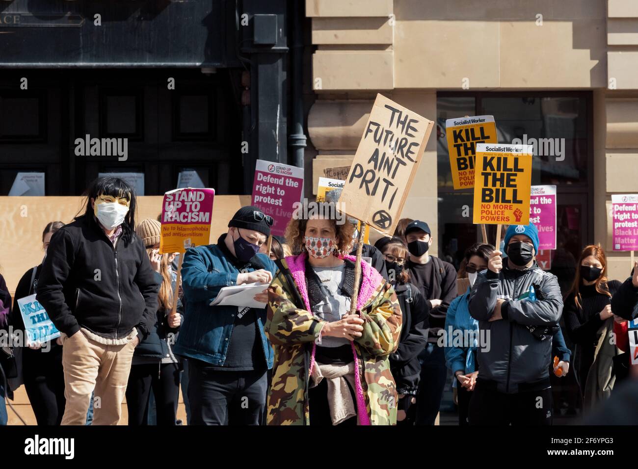 Newcastle upon Tyne UK: 3rd April 2021: Kill The Bill protest for the right to protest in Newcastle, northern England. Peaceful demonstration with social distancing Stock Photo