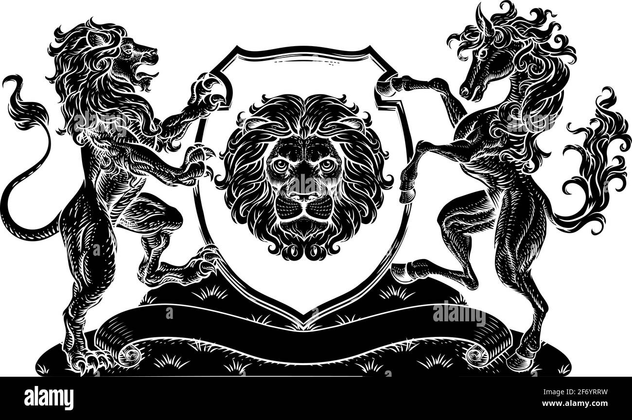 Coat of Arms Horse Lions Crest Shield Family Seal Stock Vector