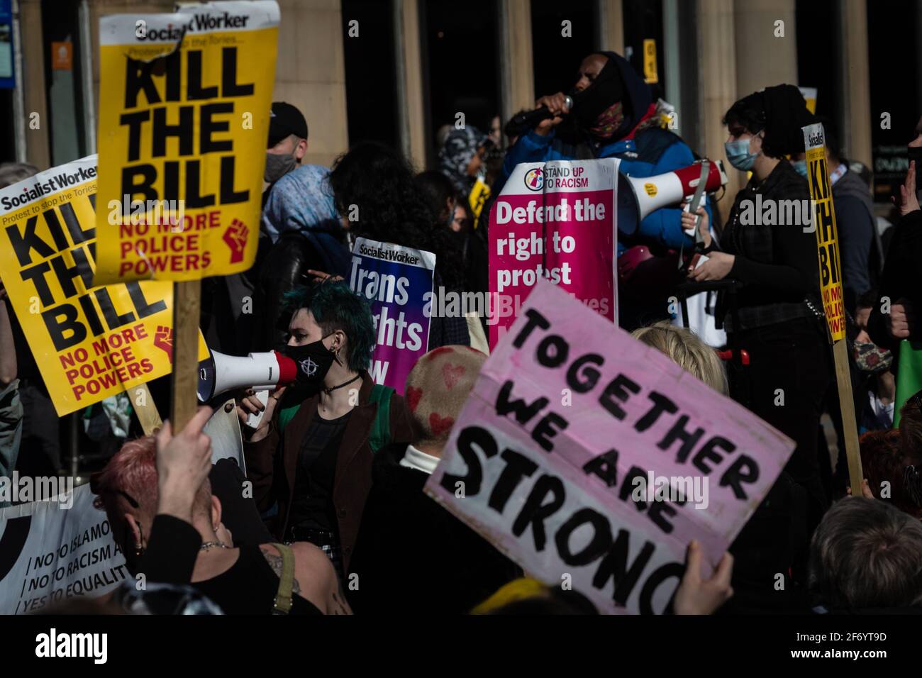 Manchester, UK. 03rd Apr, 2021. Protesters stage a sit down protest on Deasgate during a ÔKill The BillÕ march. Protests continue throughout the country due to the proposed Police, Crime and Sentencing Bill that, if passed, would introduce new legislation around protesting. Credit: Andy Barton/Alamy Live News Stock Photo