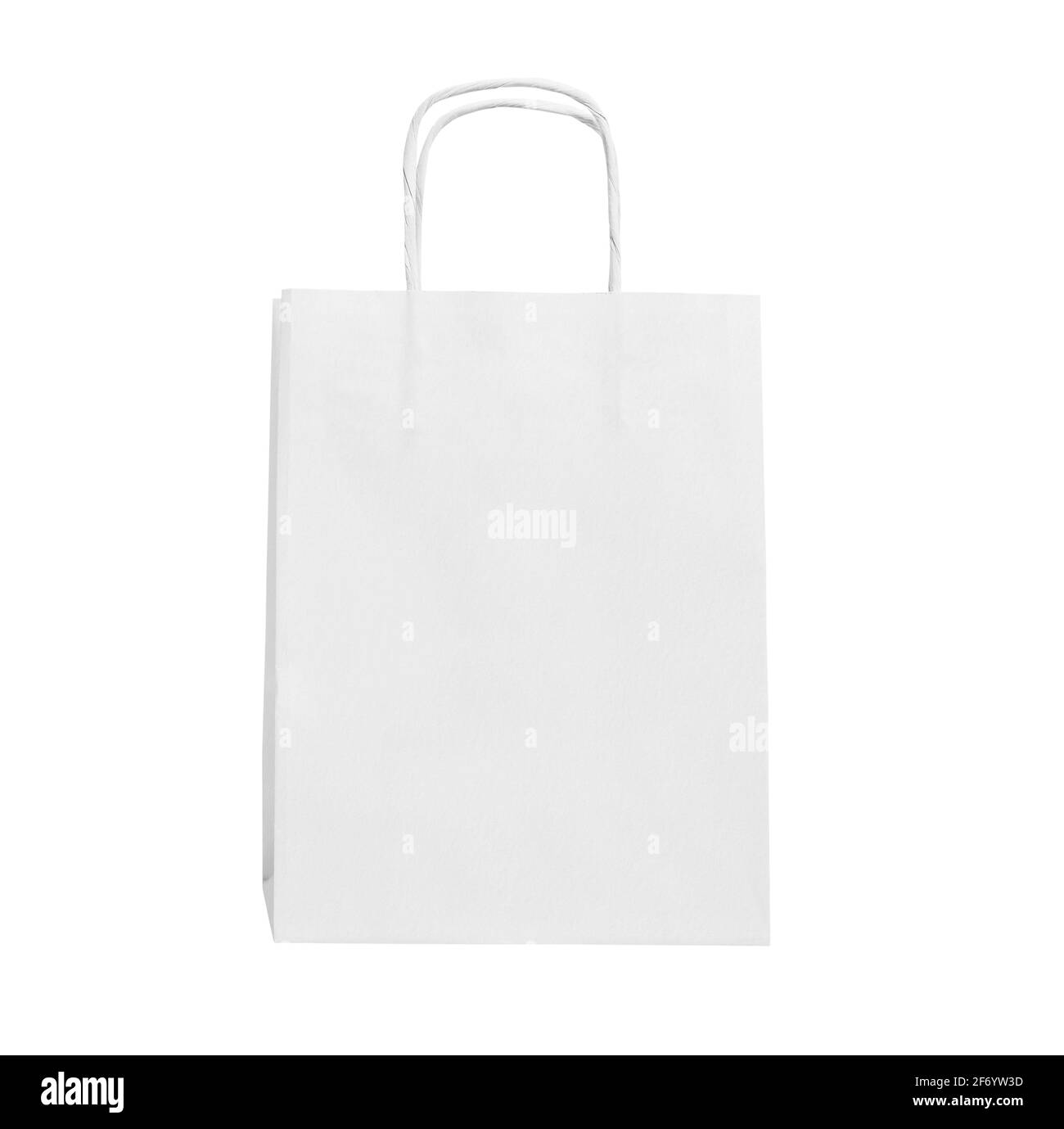 Close up of a white paper shopping bag isolated on white background, front view cutout picture Stock Photo