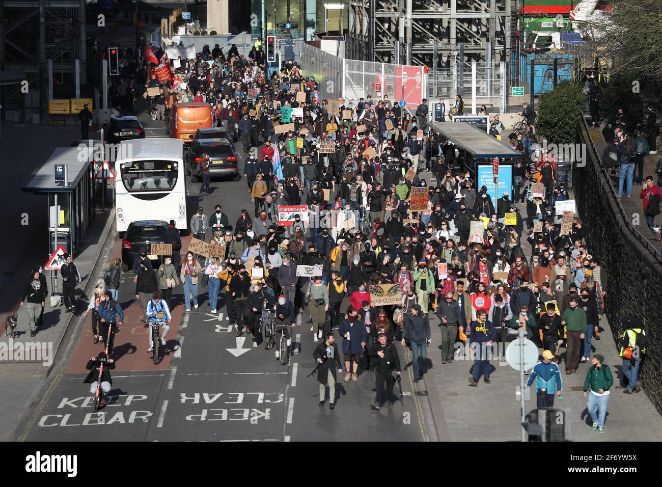 Demonstrators take part in a 'Kill The Bill' protest march in Bristol against The Police, Crime, Sentencing and Courts Bill. Picture date: Saturday April 3, 2021. Stock Photo