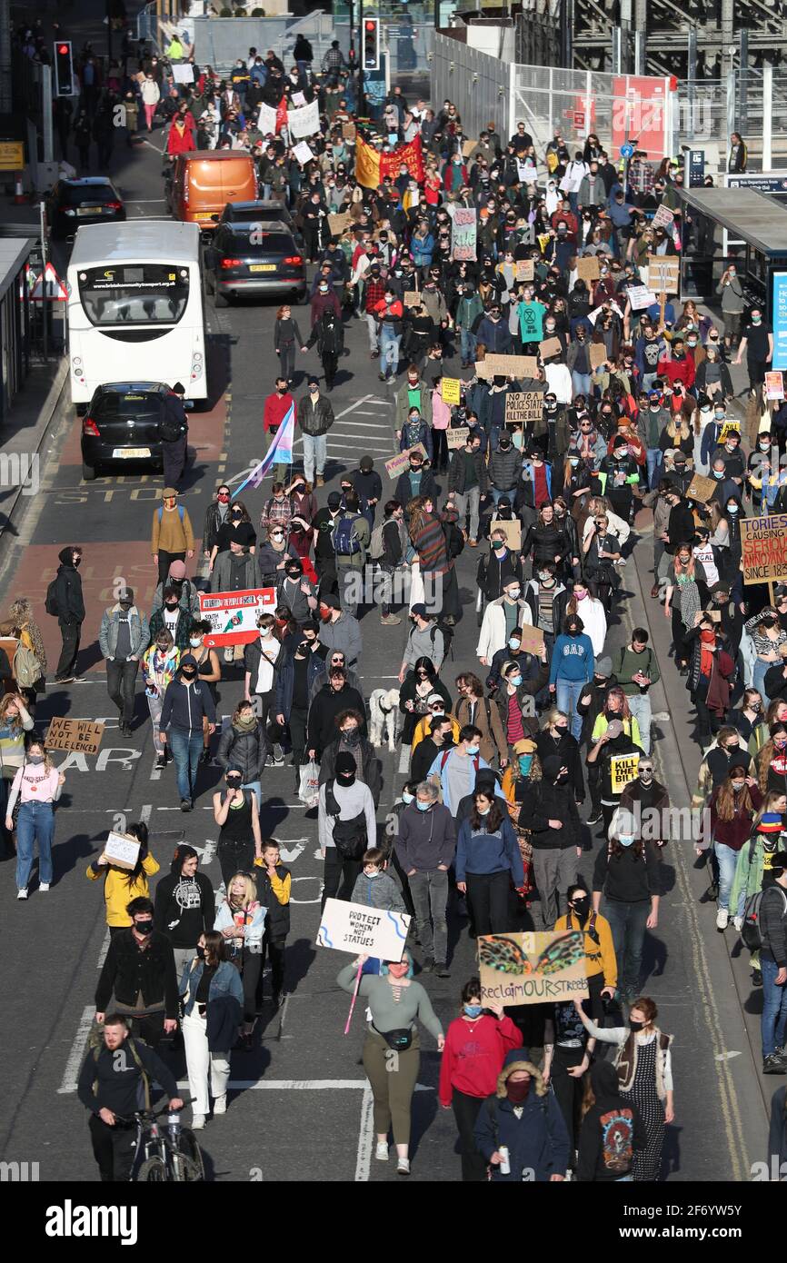 Demonstrators take part in a 'Kill The Bill' protest march in Bristol against The Police, Crime, Sentencing and Courts Bill. Picture date: Saturday April 3, 2021. Stock Photo