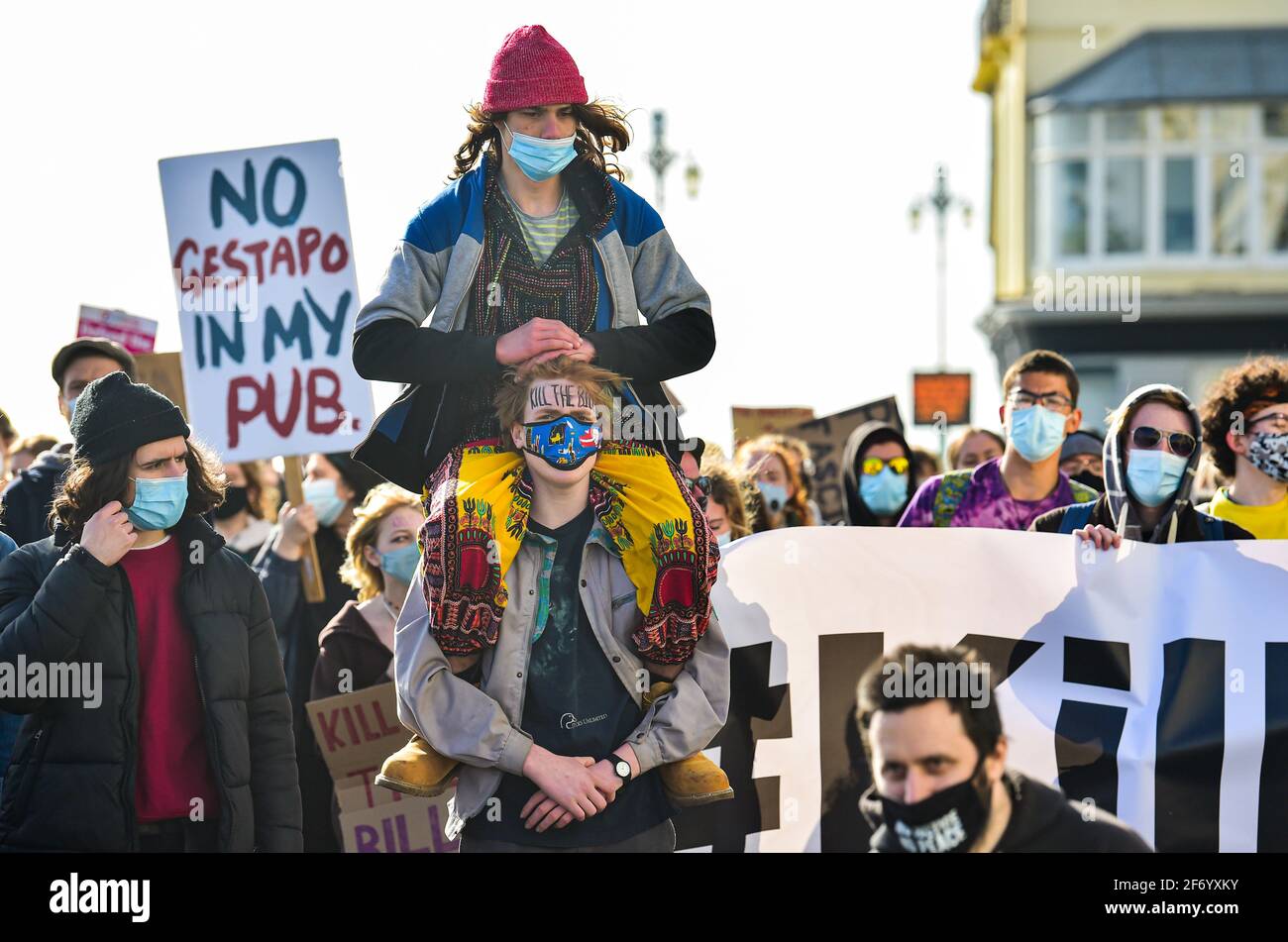 Brighton UK 3rd April 2021 - Hundreds of 'Kill The Bill' protesters march through Brighton in protest against the governments controversial new bill which would give police powers to crack down on peaceful protest  :  Credit Simon Dack / Alamy Live News Stock Photo