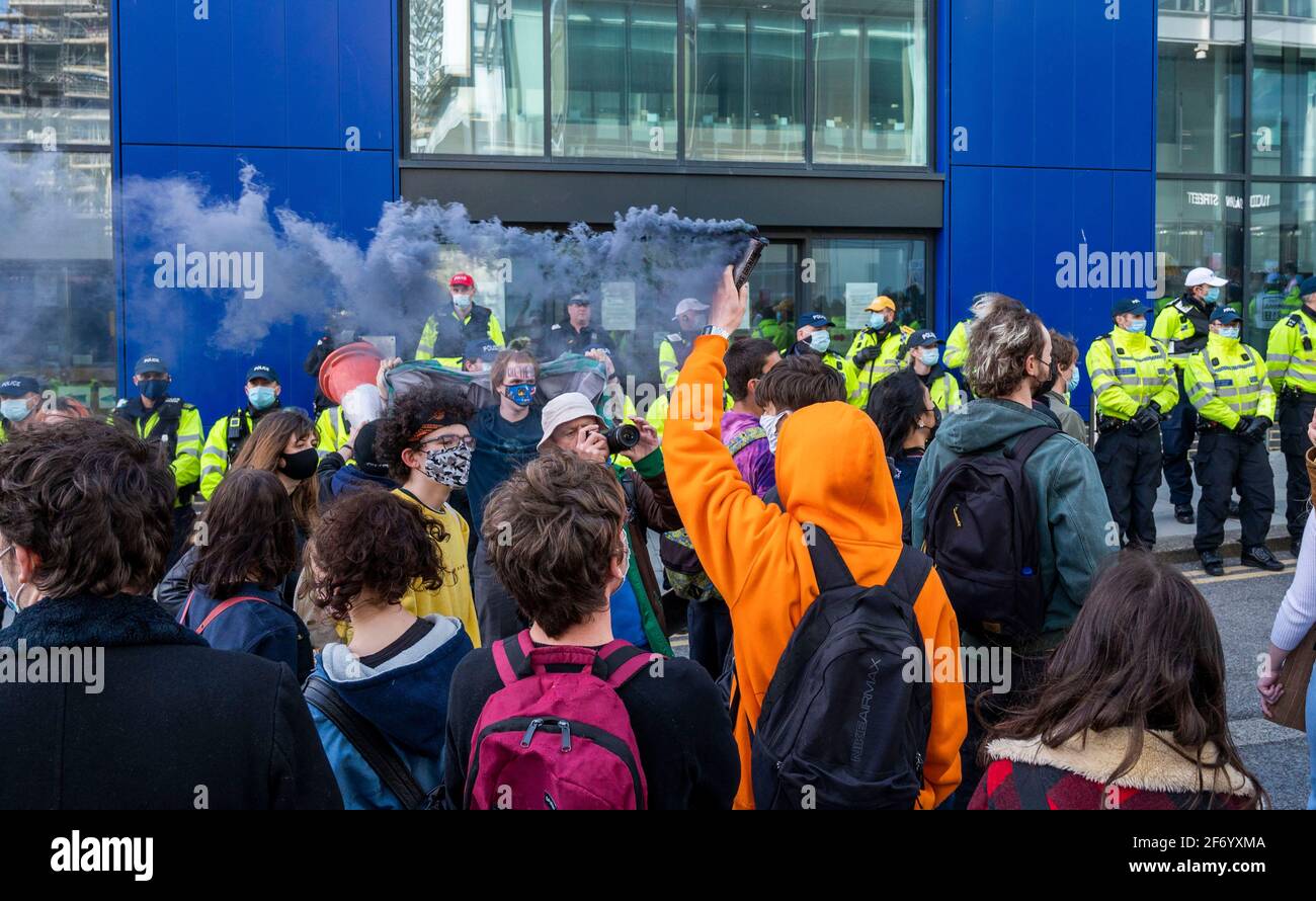 Brighton UK 3rd April 2021 - Hundreds of 'Kill The Bill' protesters gather outside Brighton Police Station in protest against the governments controversial new bill which would give police powers to crack down on peaceful protest  :  Credit Simon Dack / Alamy Live News Stock Photo