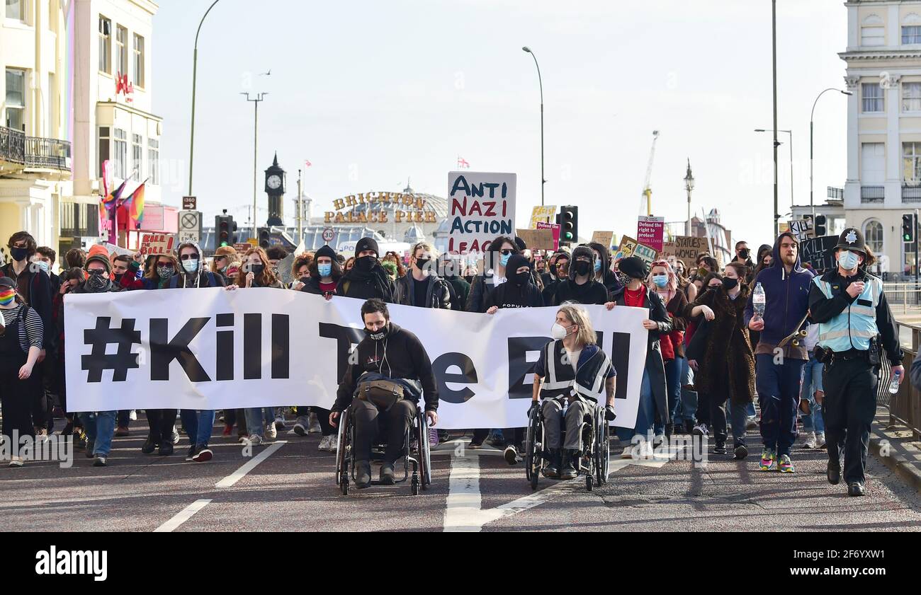 Brighton UK 3rd April 2021 - Hundreds of 'Kill The Bill' protesters march through Brighton in protest against the governments controversial new bill which would give police powers to crack down on peaceful protest  :  Credit Simon Dack / Alamy Live News Stock Photo