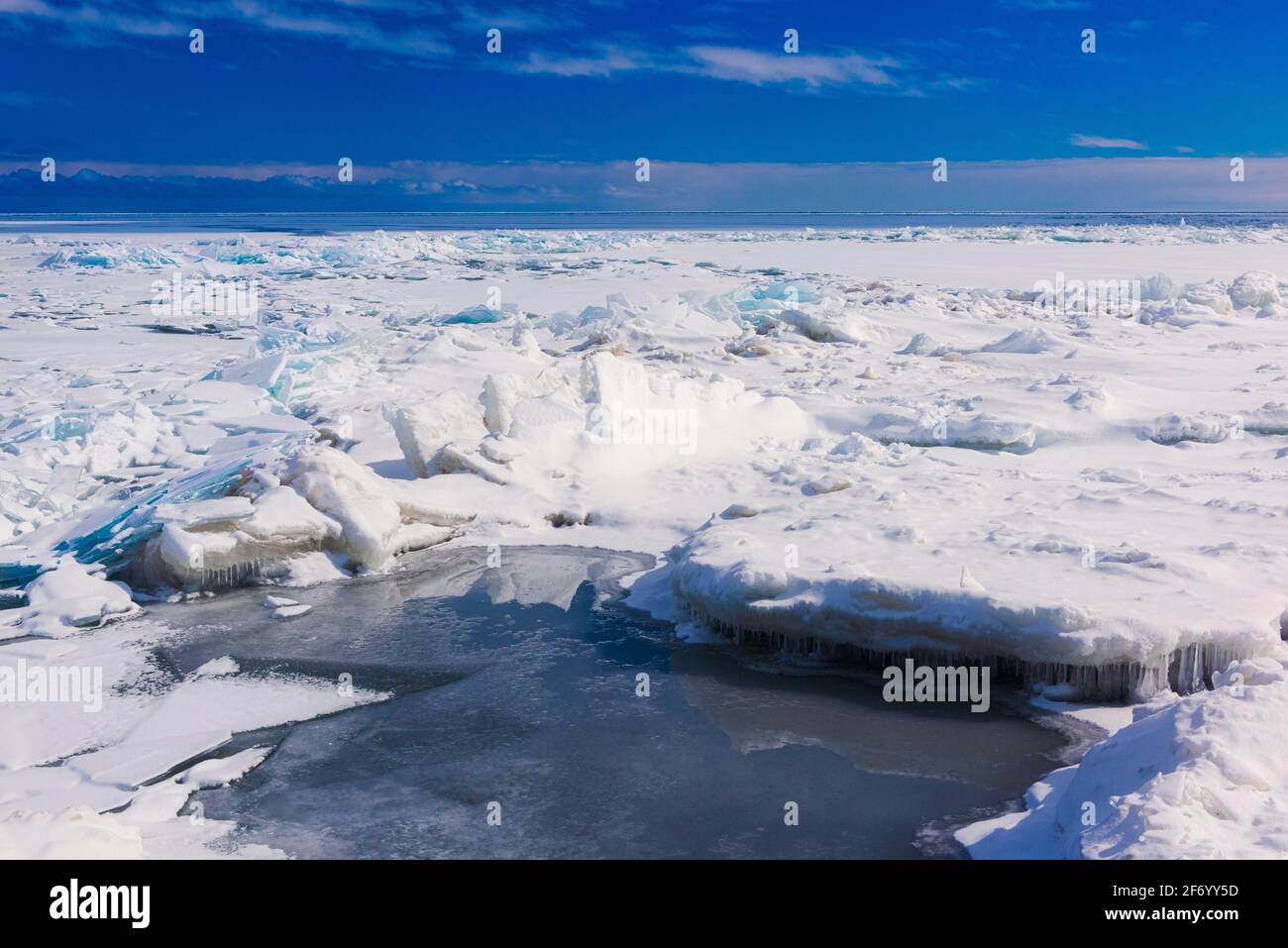 Frozen Lake Landscape of Lake Huron, Port Sanilac, Michigan Stock Photo