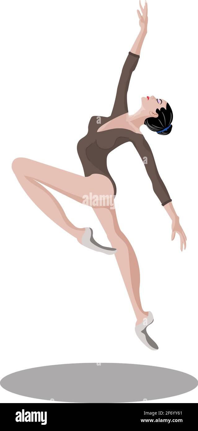 Vector flexible ballerina in sport bodysuit dress, jumping and dancing on pointe shoes. Female beautiful classic theater dancer character practicing o Stock Vector