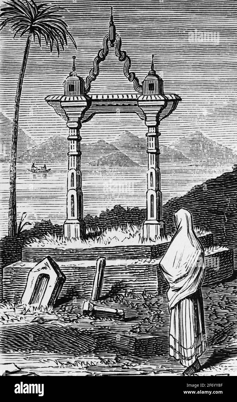 Rajput woman standing in front of a Rajput grave in a highland cemetery, India, wood engraving, Wien. Leipzig 1881 Stock Photo
