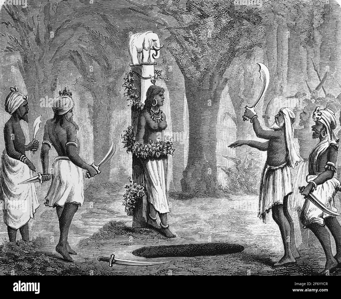 Historic illustration of the tribal community of Khonds celebrating a human sacrifice around a Totem, India, Asia, wood engraving, Wien. Leipzig 1881 Stock Photo