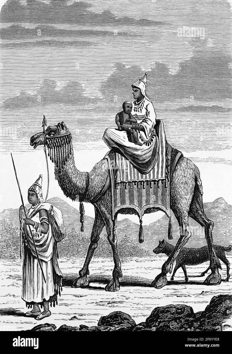 Banjara women on their way in Rajasthan, one woman sitting on a camel with her little baby, wood engraving, Wien. Leipzig 1881 Stock Photo