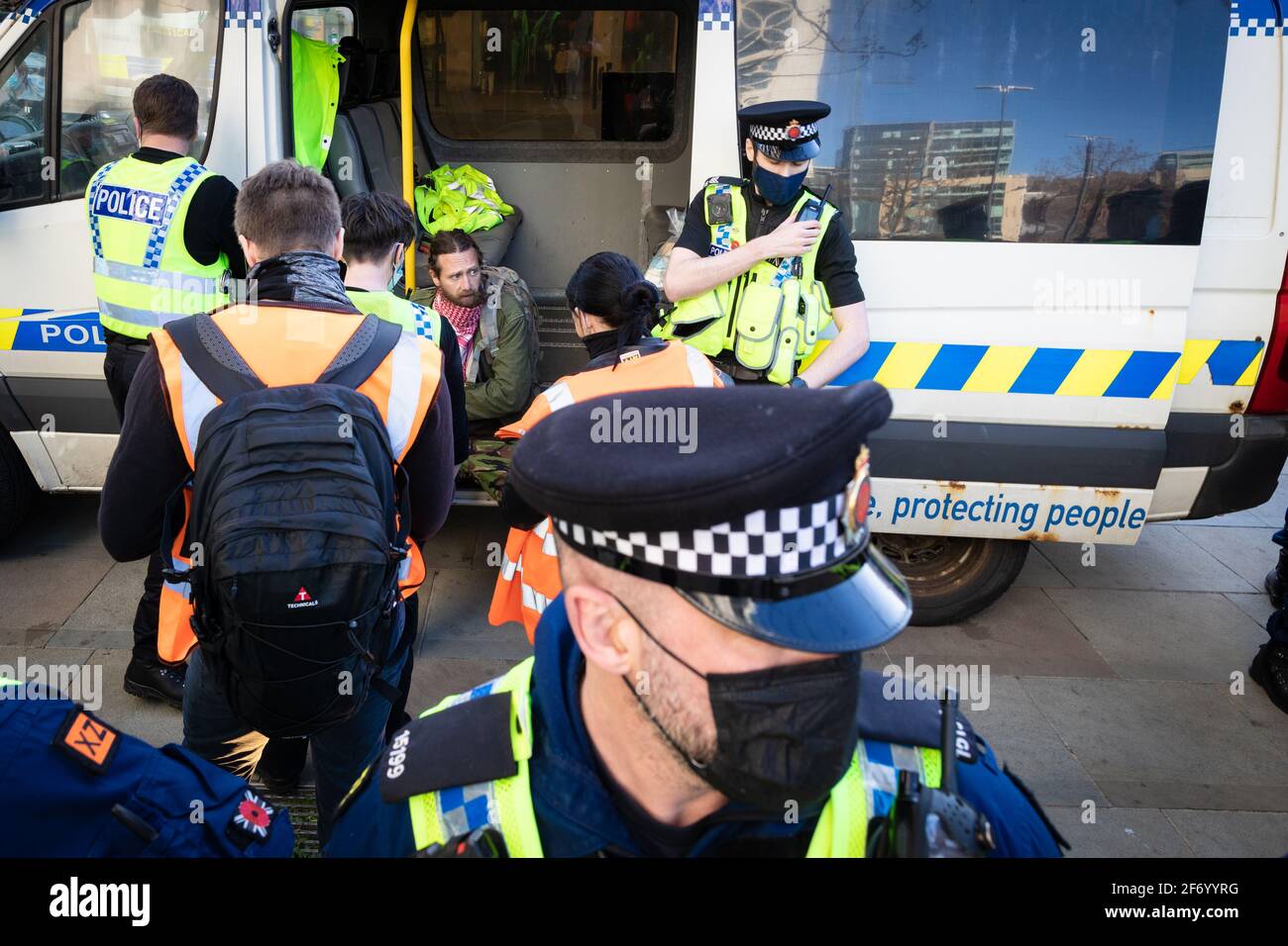 Manchester, UK. 03rd Apr, 2021. A protester is detained by police during a ÔKill The BillÕ demonstration. Protests continue throughout the country due to the proposed Police, Crime and Sentencing Bill that, if passed, would introduce new legislation around protesting. Credit: Andy Barton/Alamy Live News Stock Photo