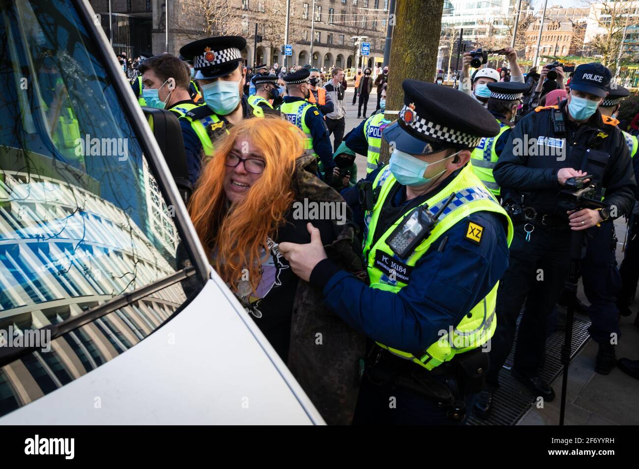 Manchester, UK. 03rd Apr, 2021. A women is detained by police during a ÔKill The BillÕ demonstration. Protests continue throughout the country due to the proposed Police, Crime and Sentencing Bill that, if passed, would introduce new legislation around protesting. Credit: Andy Barton/Alamy Live News Stock Photo