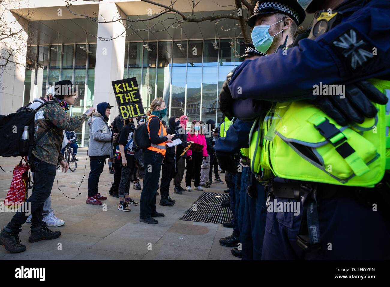 Manchester, UK. 03rd Apr, 2021. Police create a cordon to stop protesters during a ÔKill The BillÕ demonstration. Protests continue throughout the country due to the proposed Police, Crime and Sentencing Bill that, if passed, would introduce new legislation around protesting. Credit: Andy Barton/Alamy Live News Stock Photo