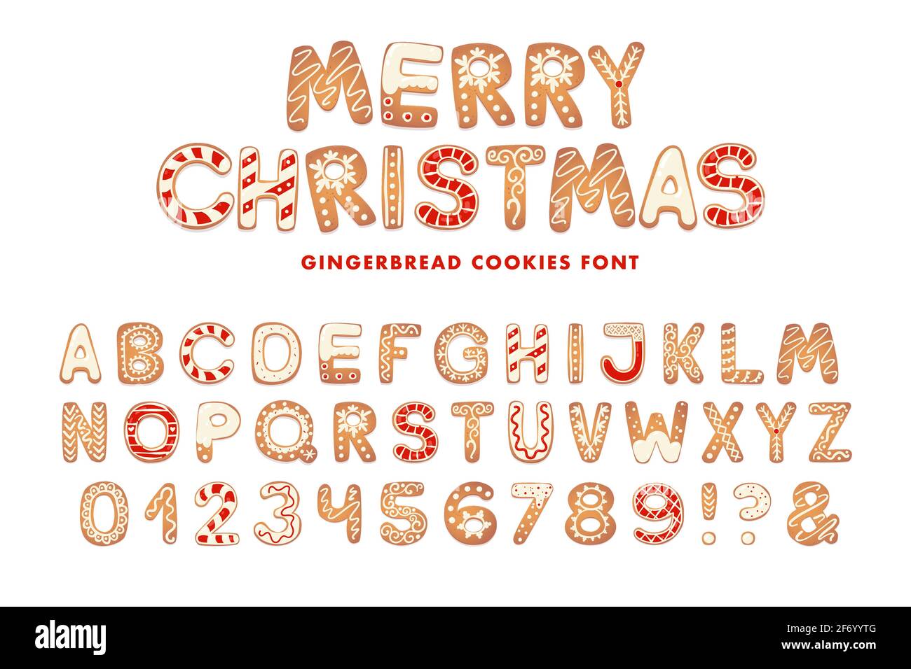 Christmas gingerbread cookies alphabet. Biscuit letters for xmas messages and design. Vector figures with sugar decorations. Stock Vector