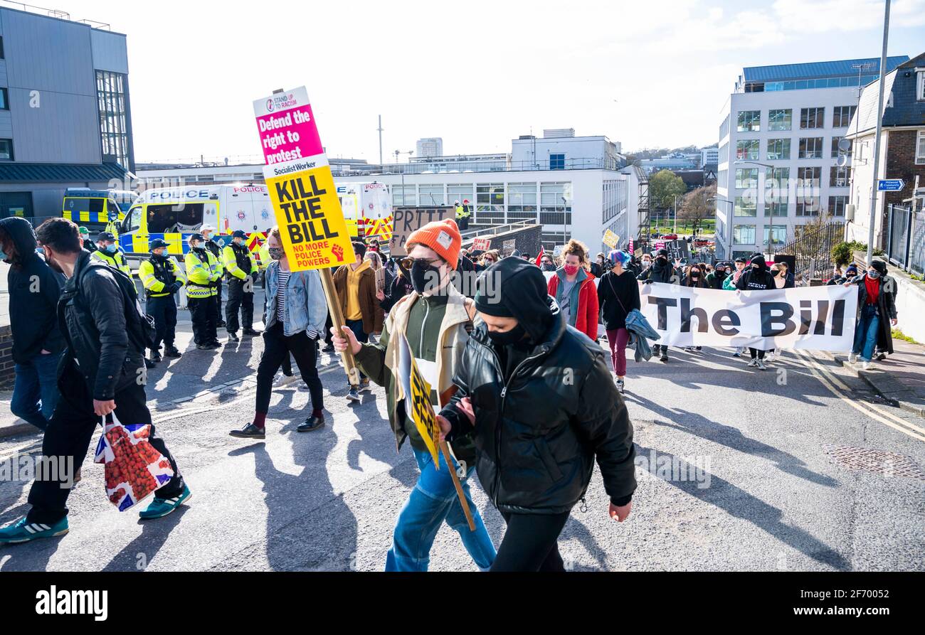 Brighton UK 3rd April 2021 - Hundreds of "Kill The Bill" protesters march through Brighton in protest against the governments controversial new bill which would give police powers to crack down on peaceful protest  :  Credit Simon Dack / Alamy Live News Stock Photo