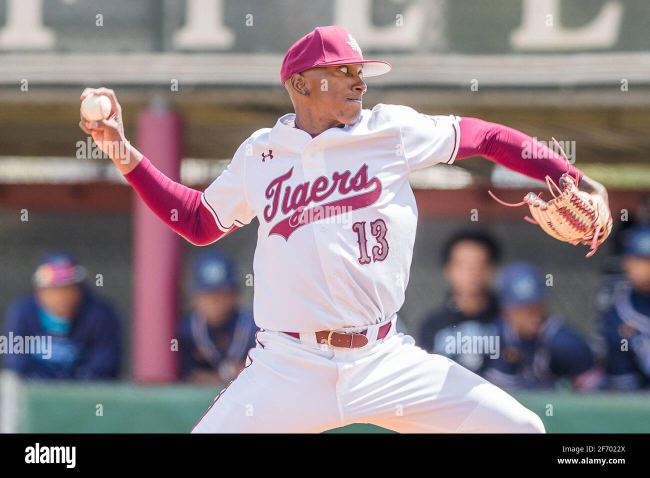 Houston, Texas, USA. 2nd Apr, 2021. Texas Southern University Tigers starting pitcher Brian Williams (13) throws a pitch during the NCAA baseball game between the Southern University Jaguars and the Texas Southern University Tigers at MacGregor Park's Nagle Field in Houston, Texas. Prentice C. James/CSM/Alamy Live News Stock Photo