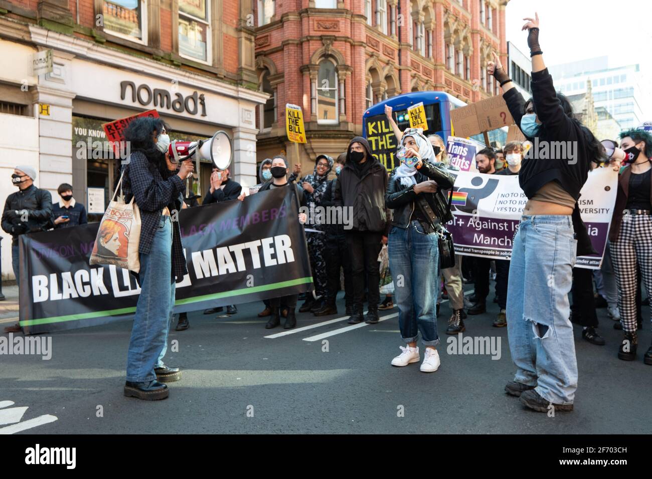 Manchester, UK. 3rd April, 2021. Protest on Deansgate. Kill the Bill protestors protest in Manchester. Credit: Gary Roberts/Alamy Live News Stock Photo