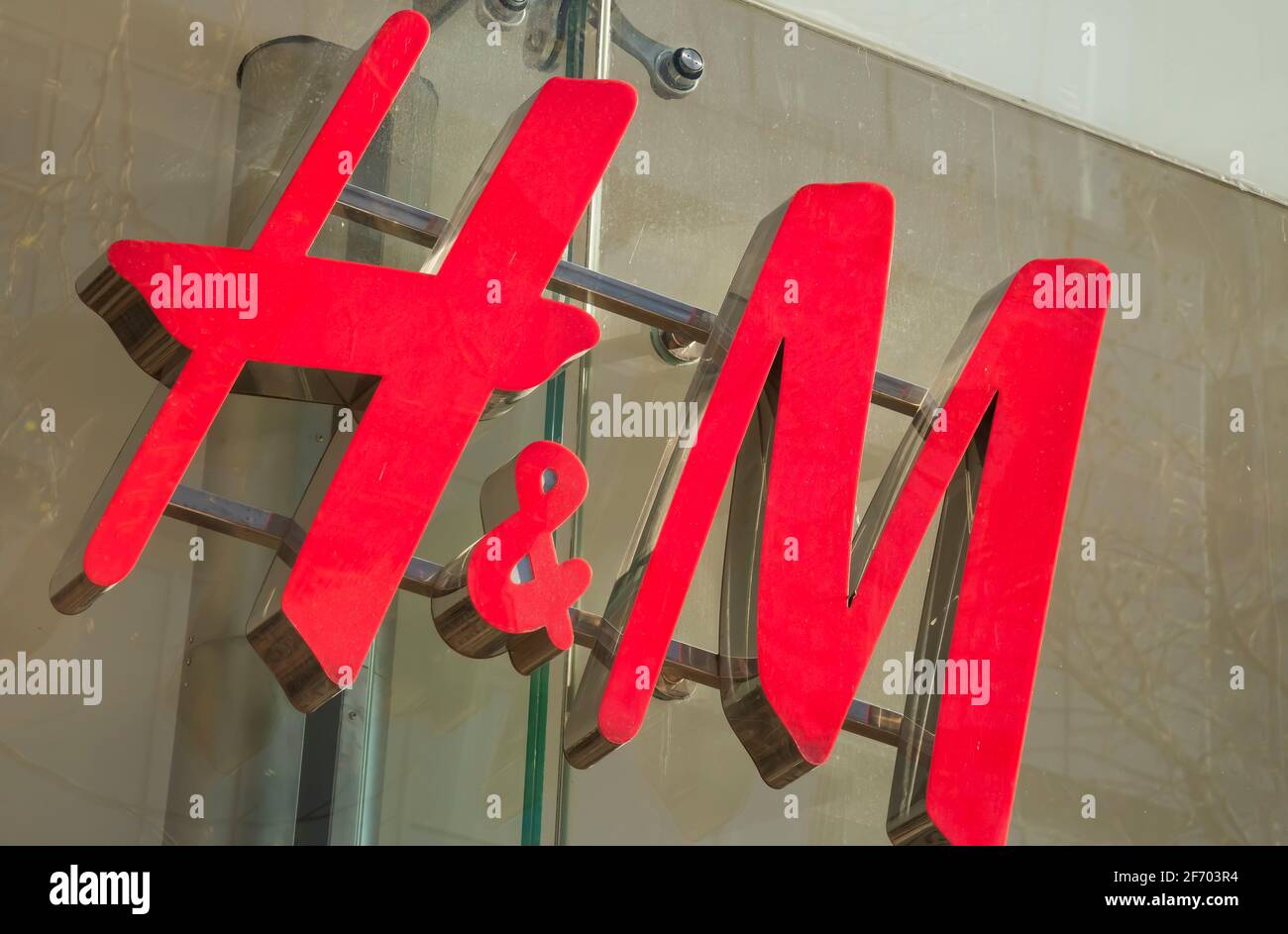 Birmingham, West Midlands, United Kingdom; April/12/2019; H&M logo in a shop in Birmingham Mall city, U.K. Stock Photo