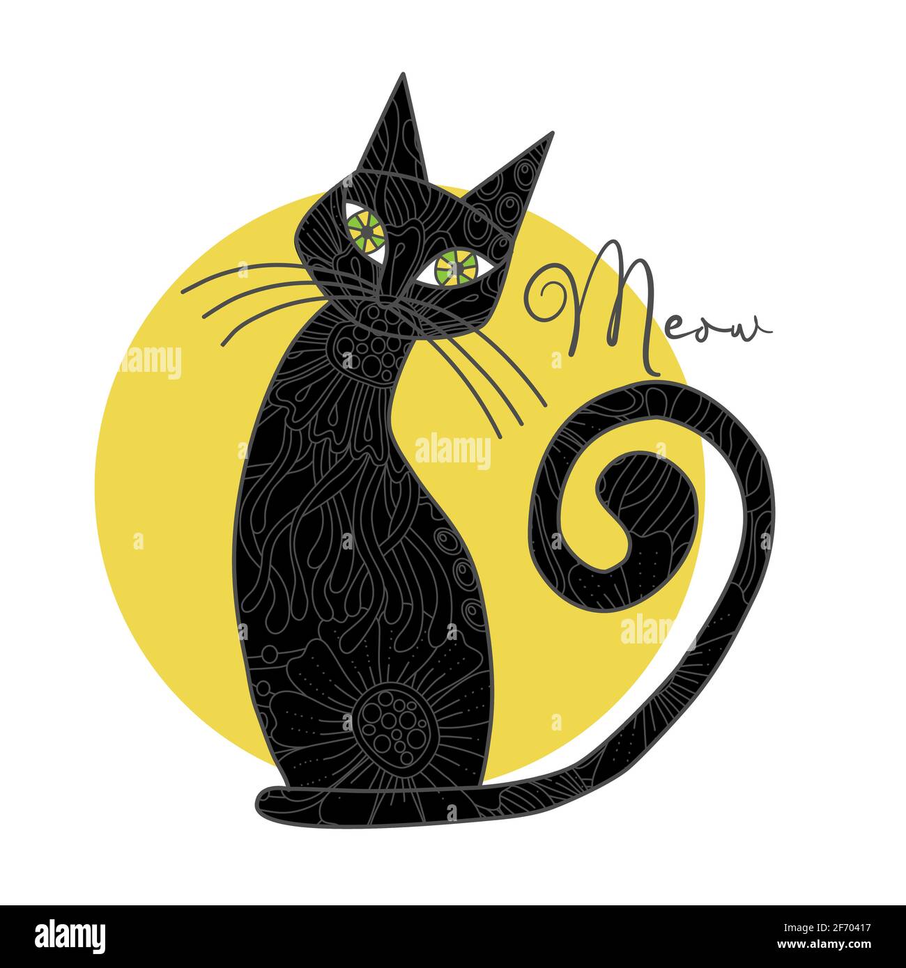 Cute black cat with doodle abstract flowers and leaves, quote - meow. Vector hand drawn outline illustration. Stock Vector