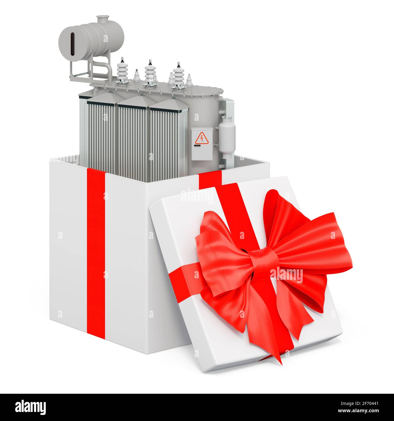 Oil-filled transformer inside gift box, present concept. 3D rendering ...