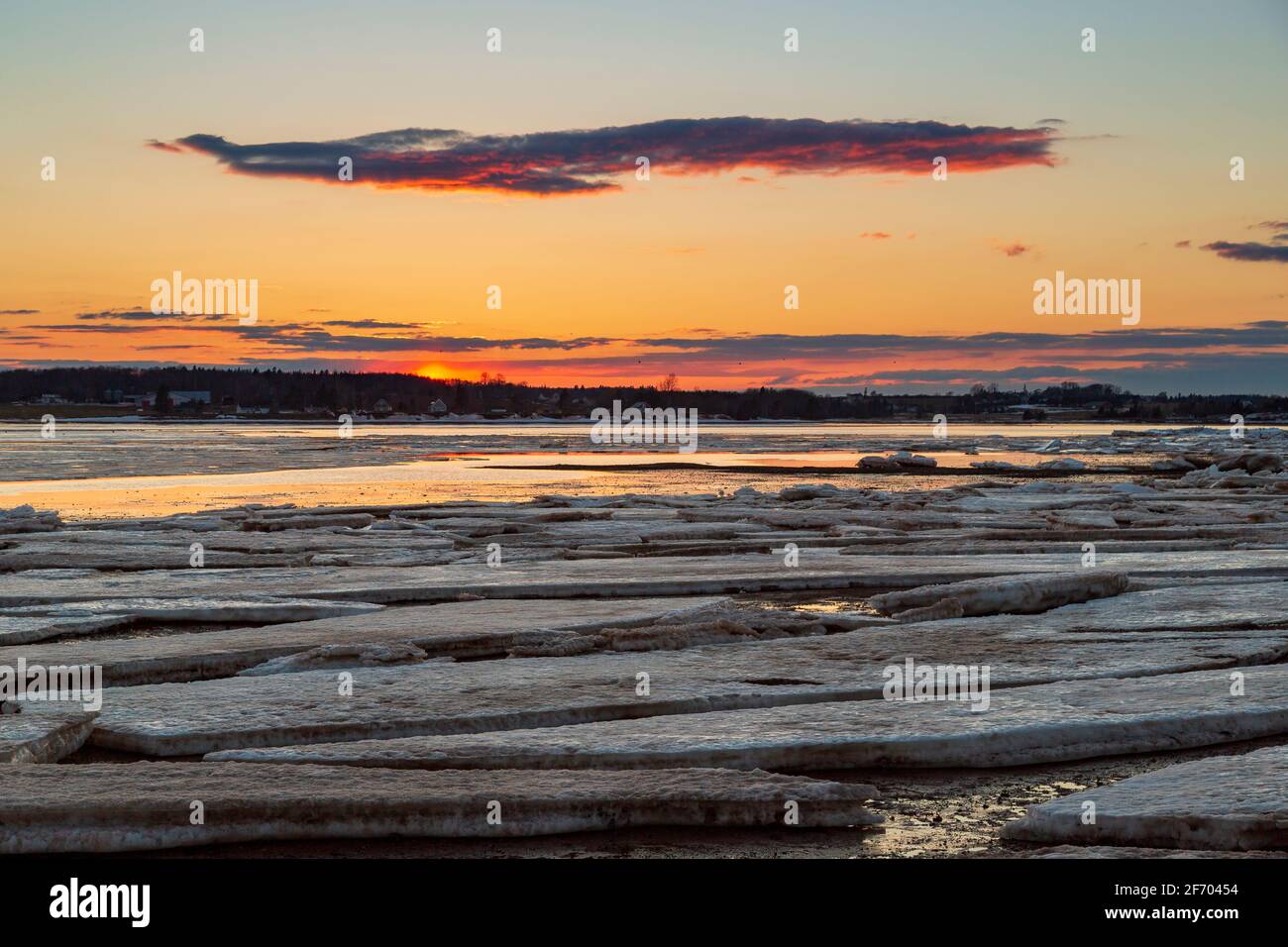 Frozen sea with floating ice sheets during sunset in Charlottetown