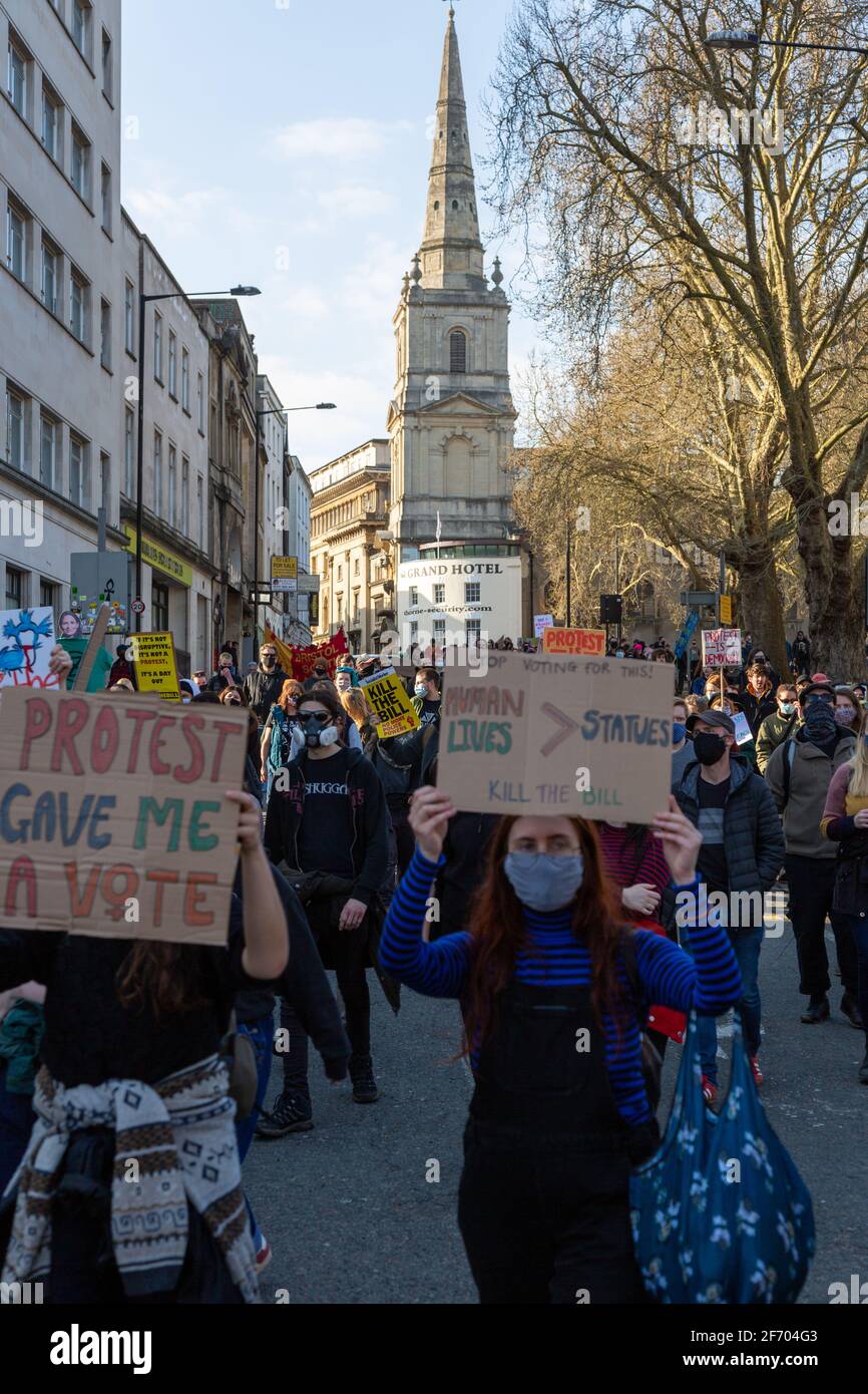 Bristol, UK, 3 April 2021. Protesters gathered on College Green before marching around the city centre before a sit down protest and speeches took place peacefully with minimal police presence. Rob Hawkins / Alamy Live News Stock Photo