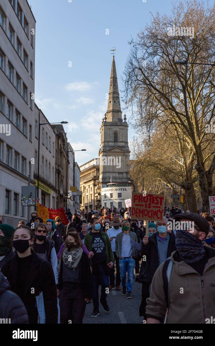 Bristol, UK, 3 April 2021. Protesters gathered on College Green before marching around the city centre before a sit down protest and speeches took place peacefully with minimal police presence. Rob Hawkins / Alamy Live News Stock Photo