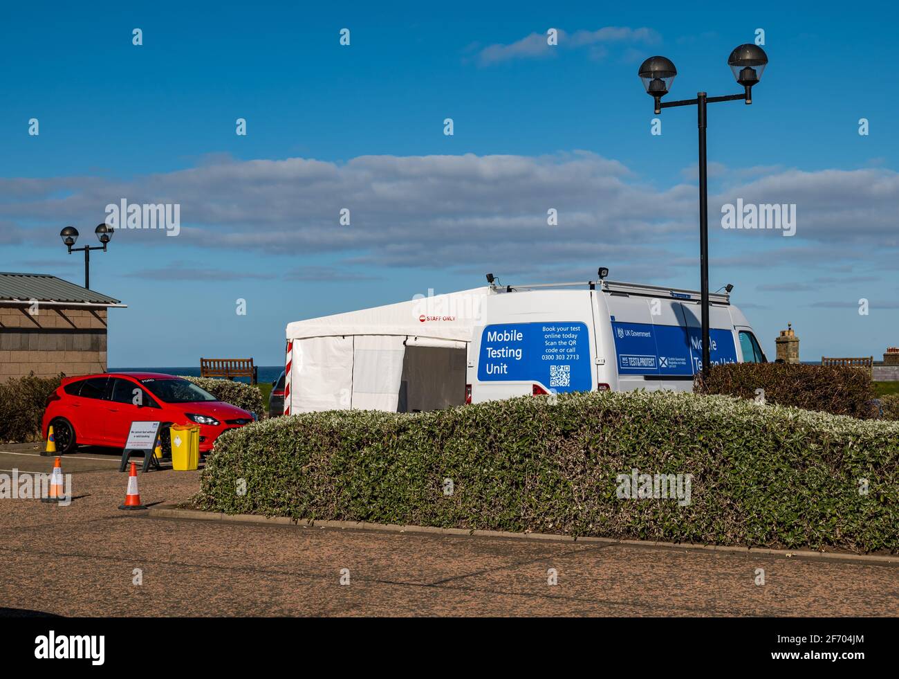 Mobile asymptomatic Covid-19 testing unit in carpark, Dunbar, East Lothian, Scotland, UK Stock Photo