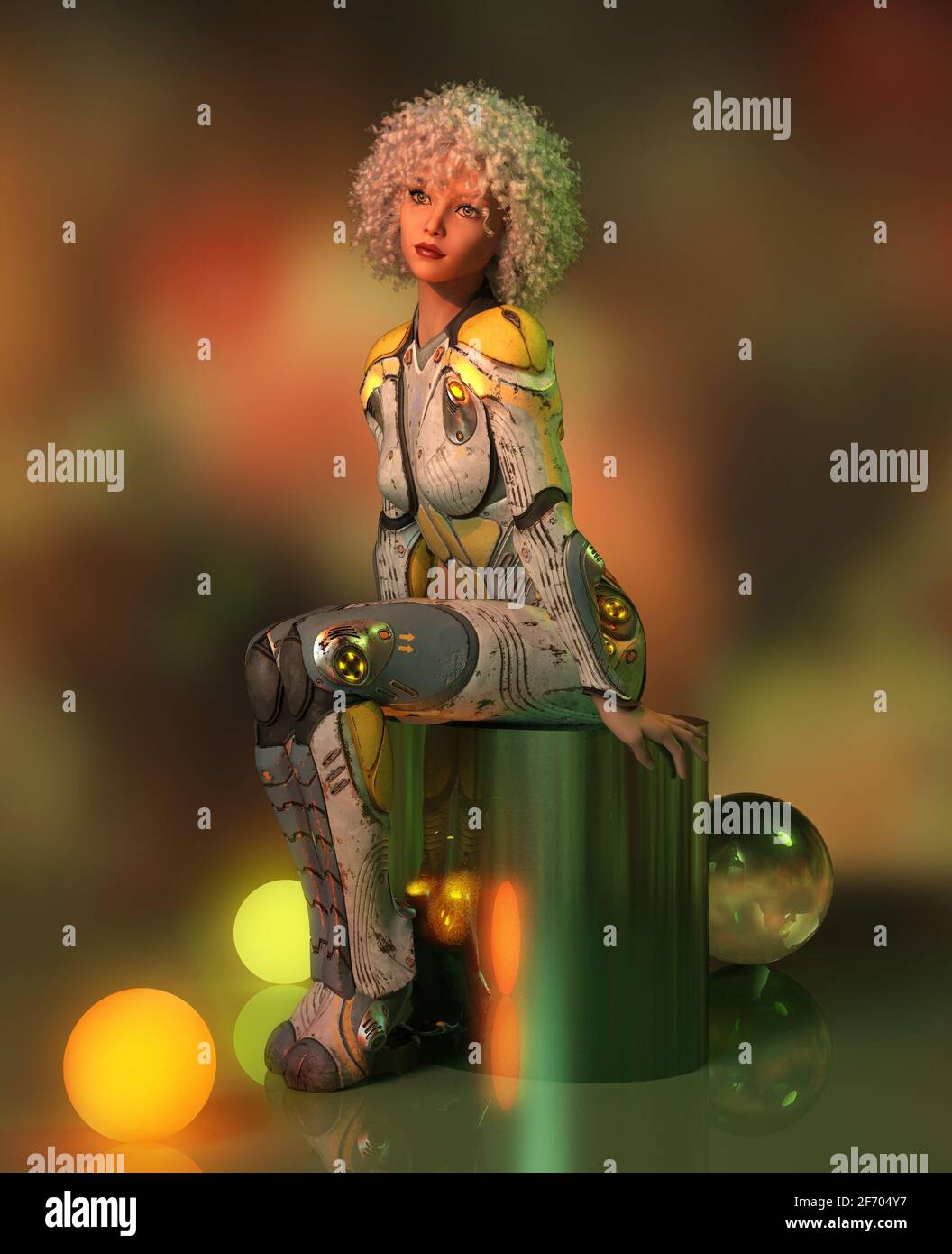3d computer graphics of a girl with curly hair and a suit in science fiction style Stock Photo