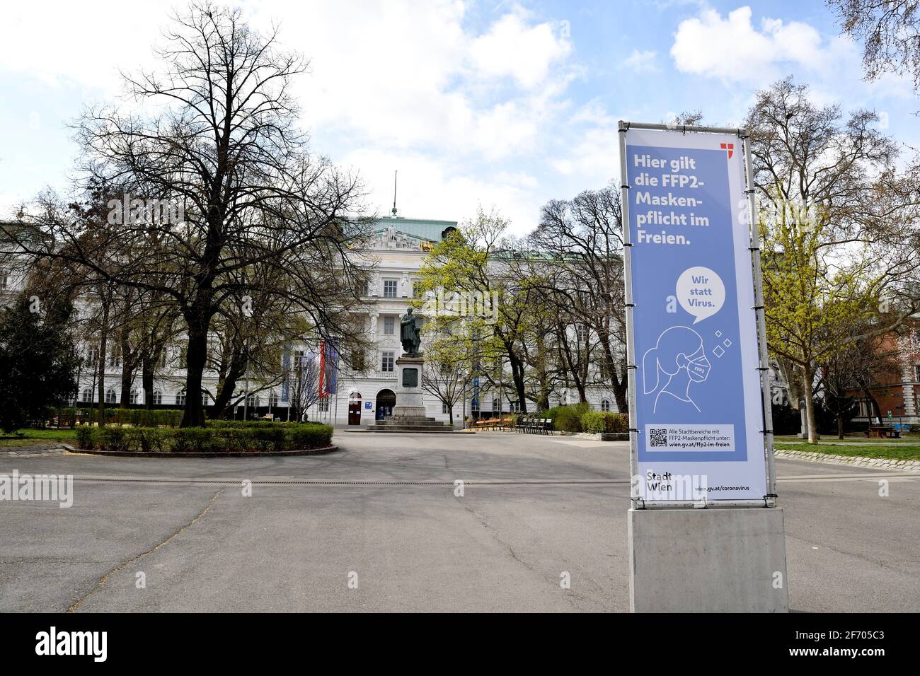 Vienna, Austria. 3rd Apr, 2021. Again hard lockdown in the eastern region (Vienna, Lower Austria, Burgenland) of Austria until April 11, 2021. FFP2 Masks are also required outdoors. Stock Photo