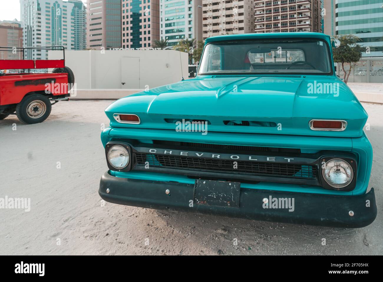 Classic Chevrolet pickup truck automobile displayed in Abu Dhabi, UAE |  American sports car | vintage style and design Stock Photo
