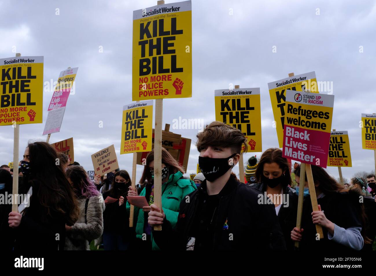 LONDON - 3RD APRIL 2021: Kill the Bill protest against the proposed Police, Crime, Sentencing and Courts Bill that the government are trying to pass. Stock Photo