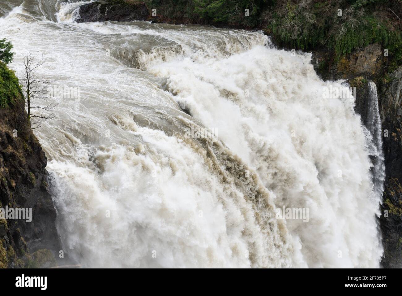 Water plunges with extreme force over the edge of the Snoqualmie Falls waterfall during a flood creating layers of texture between the rock walls Stock Photo