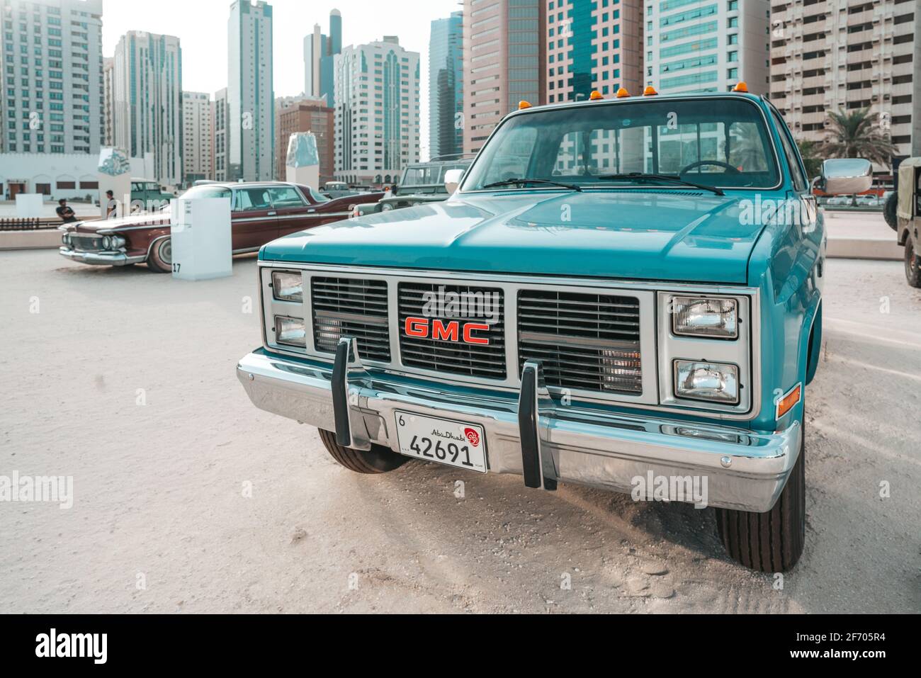 Classic GMC pickup truck automobile displayed in Abu Dhabi, UAE |  American sports car | vintage style and design Stock Photo