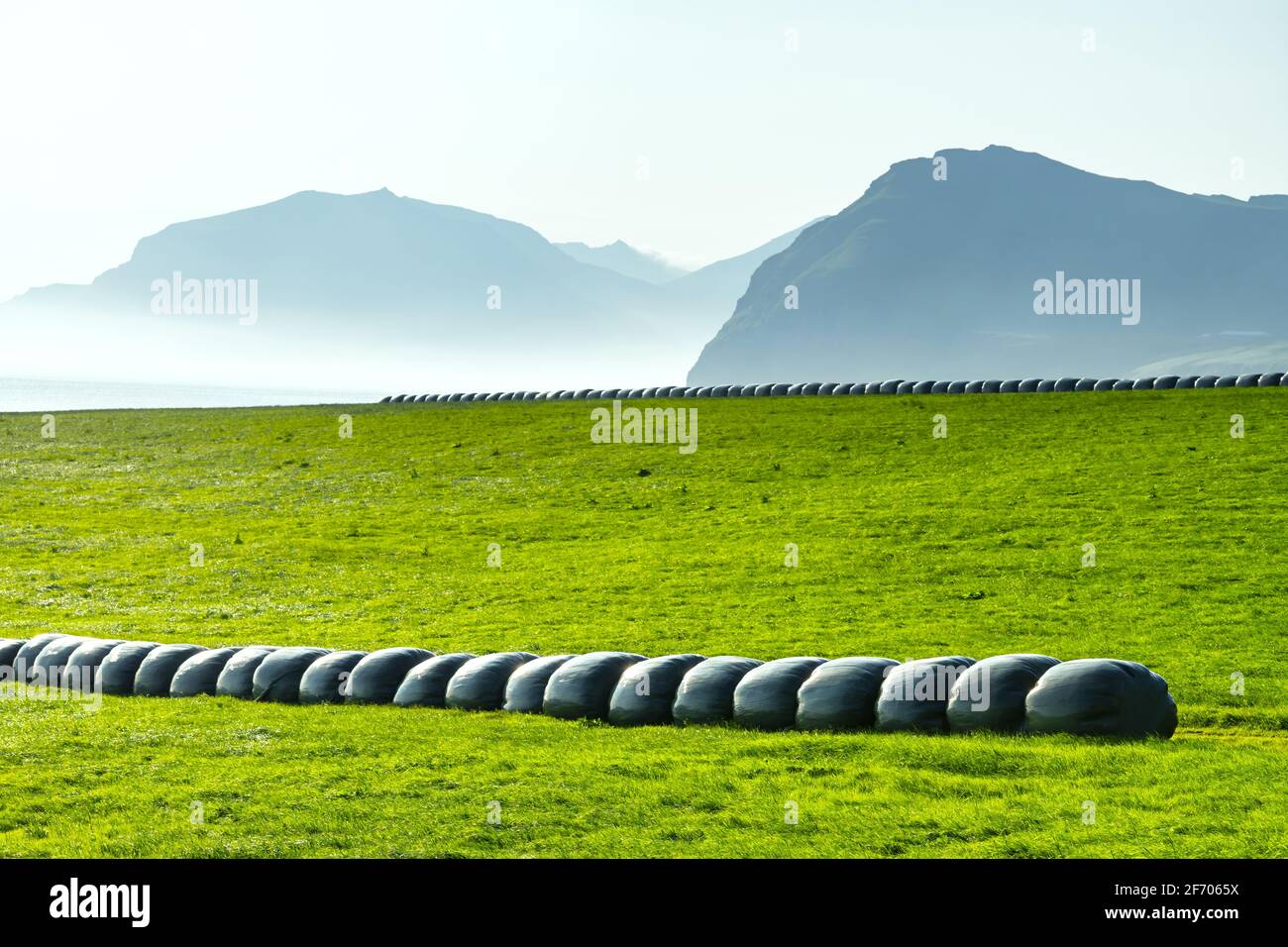 Rural scene with farm field and hay stacks on the Faroe Islands Stock Photo
