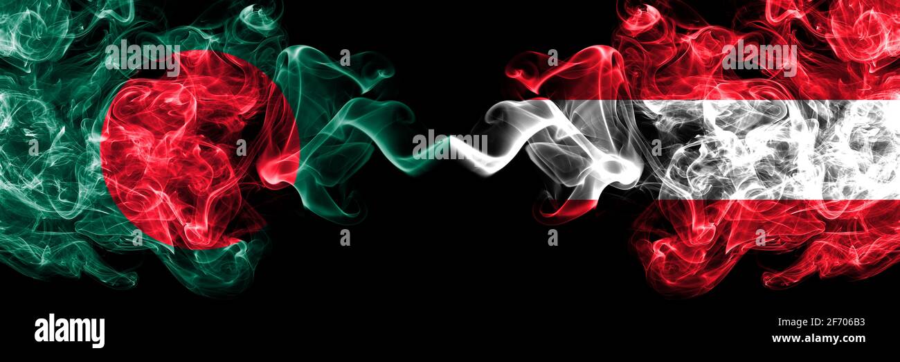 Bangladesh, Bangladeshi vs Austria, Austrian smoky mystic flags placed side by side. Thick colored silky abstract smokes flags. Stock Photo