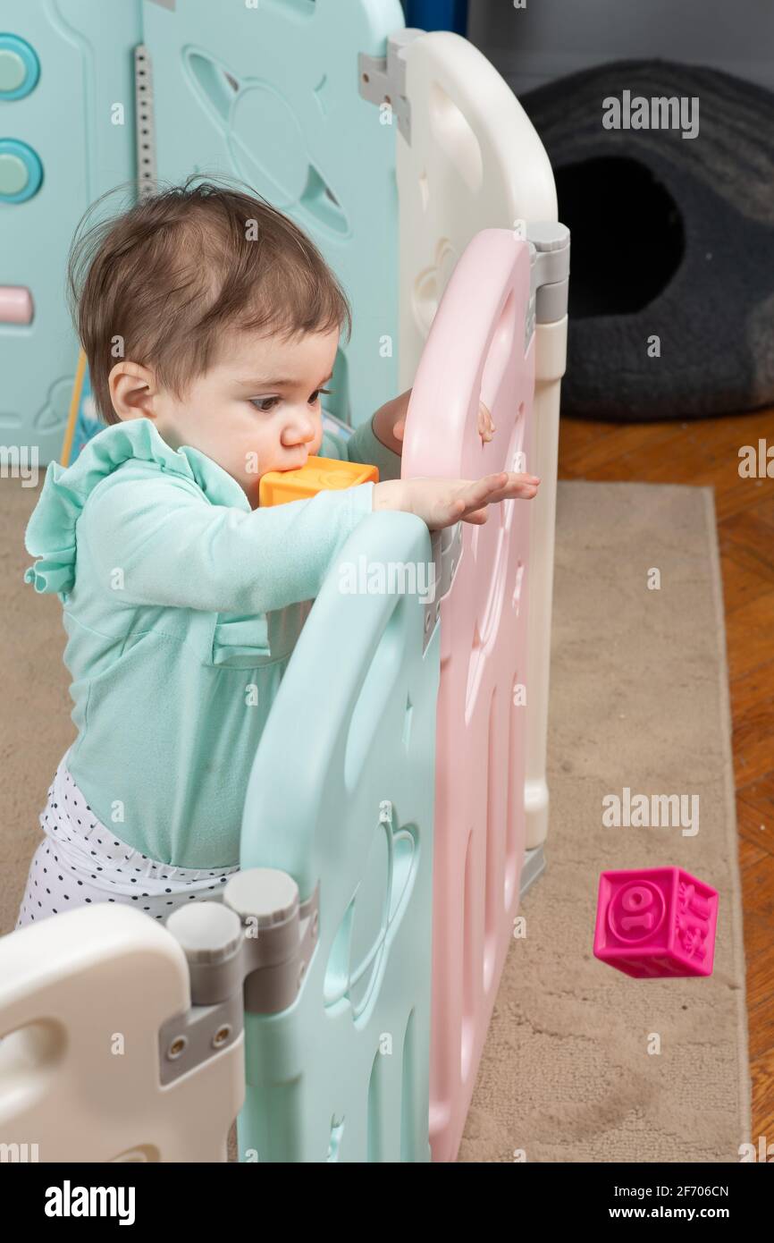 10 month old baby girl standing with support throwing block over playpen barrier Stock Photo