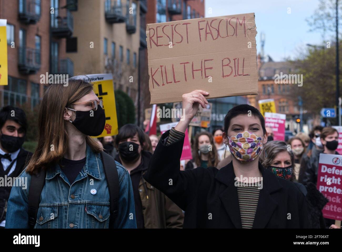 Sheffield, UK. 03rd Apr, 2021. Protestors at ‘Kill The Bill' protest against the Police, Crime, Sentencing and Courts Bill, in Sheffield, north of England on Saturday, April 3rd, 2021. Credit: Mark Harvey/Alamy Live News  Stock Photo