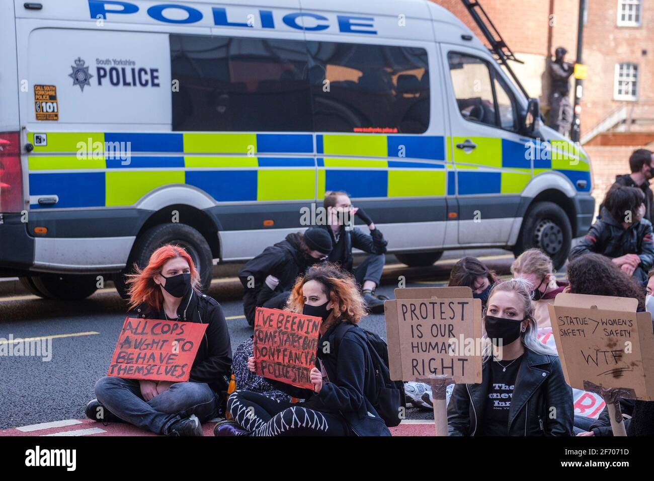 Sheffield, UK. 03rd Apr, 2021. Protestors at ‘Kill The Bill' protest against the Police, Crime, Sentencing and Courts Bill, in Sheffield, north of England on Saturday, April 3rd, 2021. Credit: Mark Harvey/Alamy Live News  Stock Photo