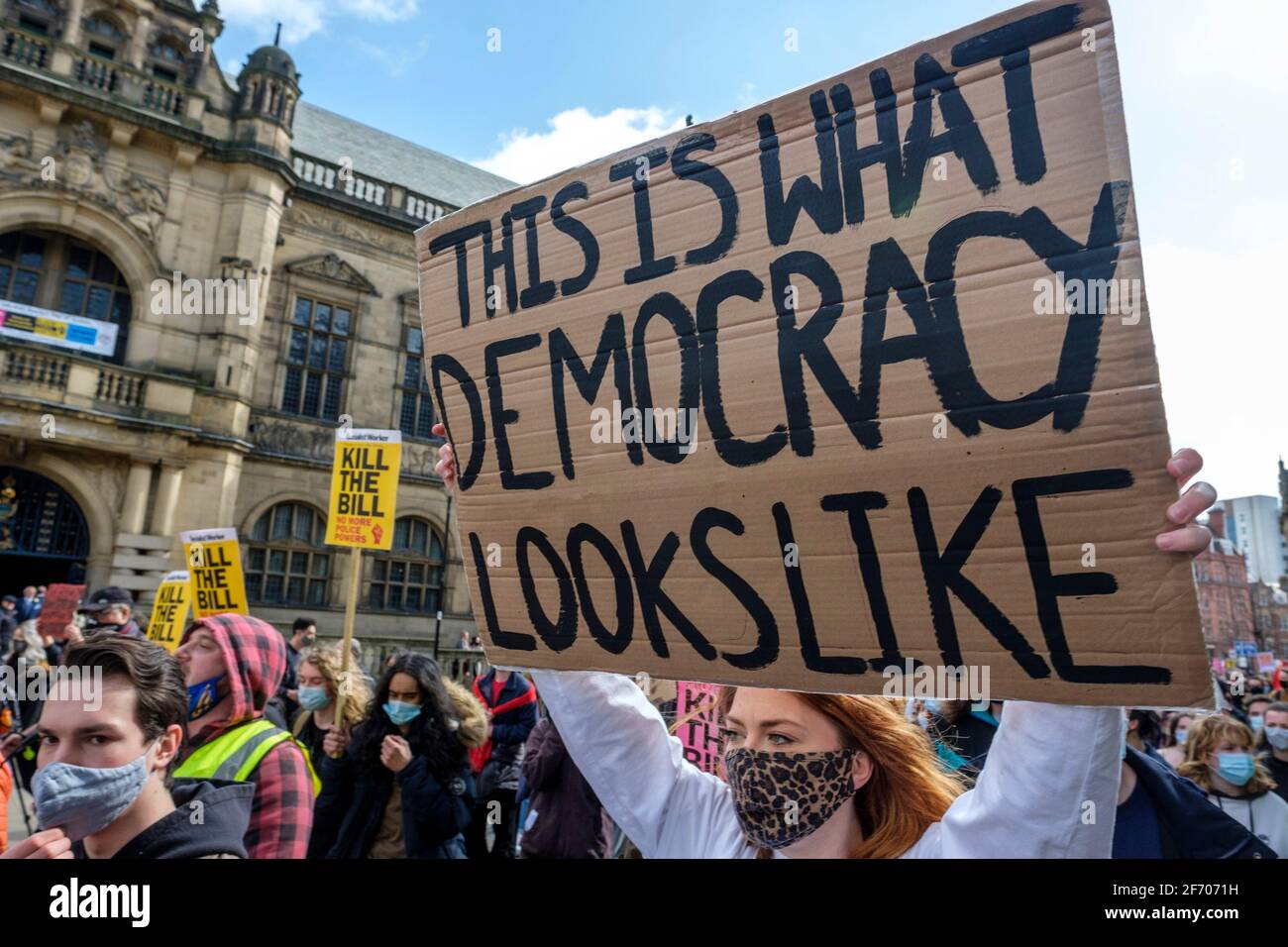Sheffield, UK. 03rd Apr, 2021. Protestors at ‘Kill The Bill' protest against the Police, Crime, Sentencing and Courts Bill, in Sheffield, north of England on Saturday, April 3rd, 2021. Credit: Mark Harvey/Alamy Live News Stock Photo