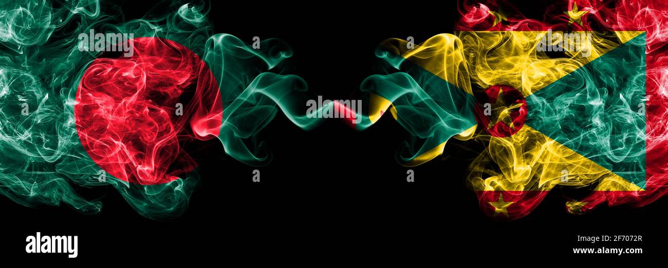 Bangladesh, Bangladeshi vs Grenada smoky mystic flags placed side by side. Thick colored silky abstract smokes flags. Stock Photo