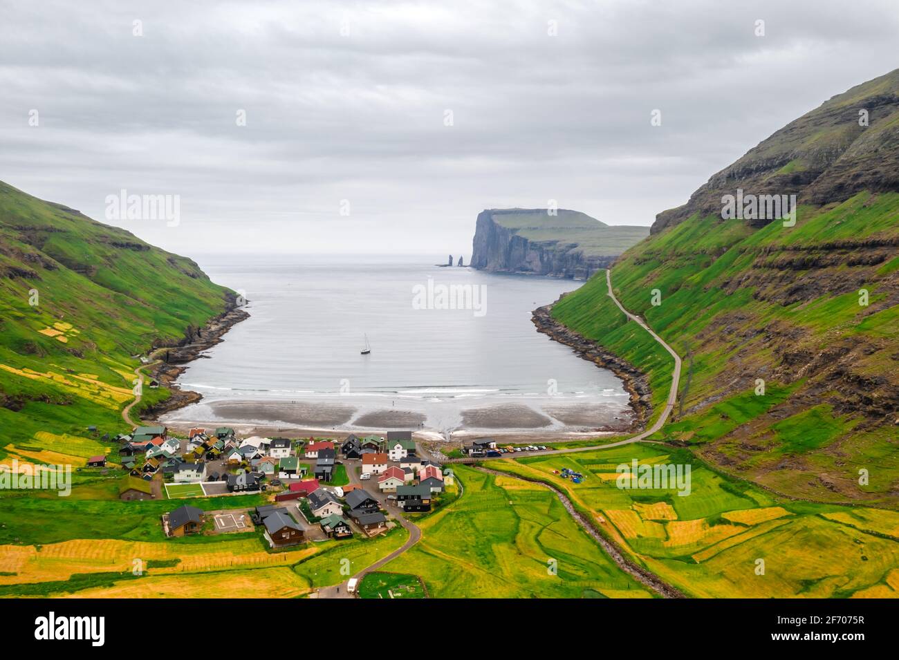 Aerial drone photo flying over Tjornuvik beach on Streymoy island, Faroe Islands, Denmark. Landscape photography Stock Photo