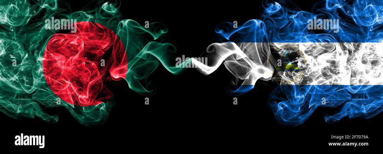 Bangladesh, Bangladeshi vs Nicaragua, Nicaraguan smoky mystic flags placed side by side. Thick colored silky abstract smokes flags. Stock Photo