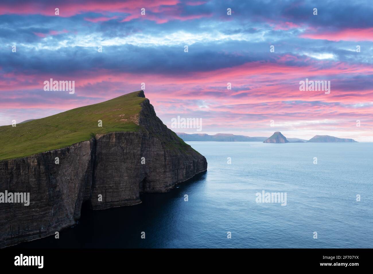 Incredible view on Vagar island in sunset time, Faroe Islands, Denmark. Landscape photography Stock Photo