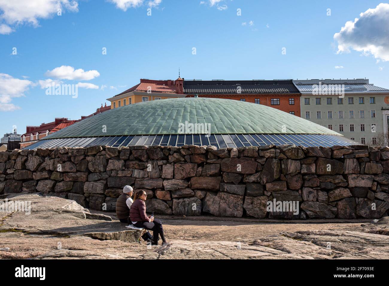 Copper dome roof of Temppeliaukio Church, built directly into solid rock in Etu-Töölö district of Helsinki, Finland Stock Photo