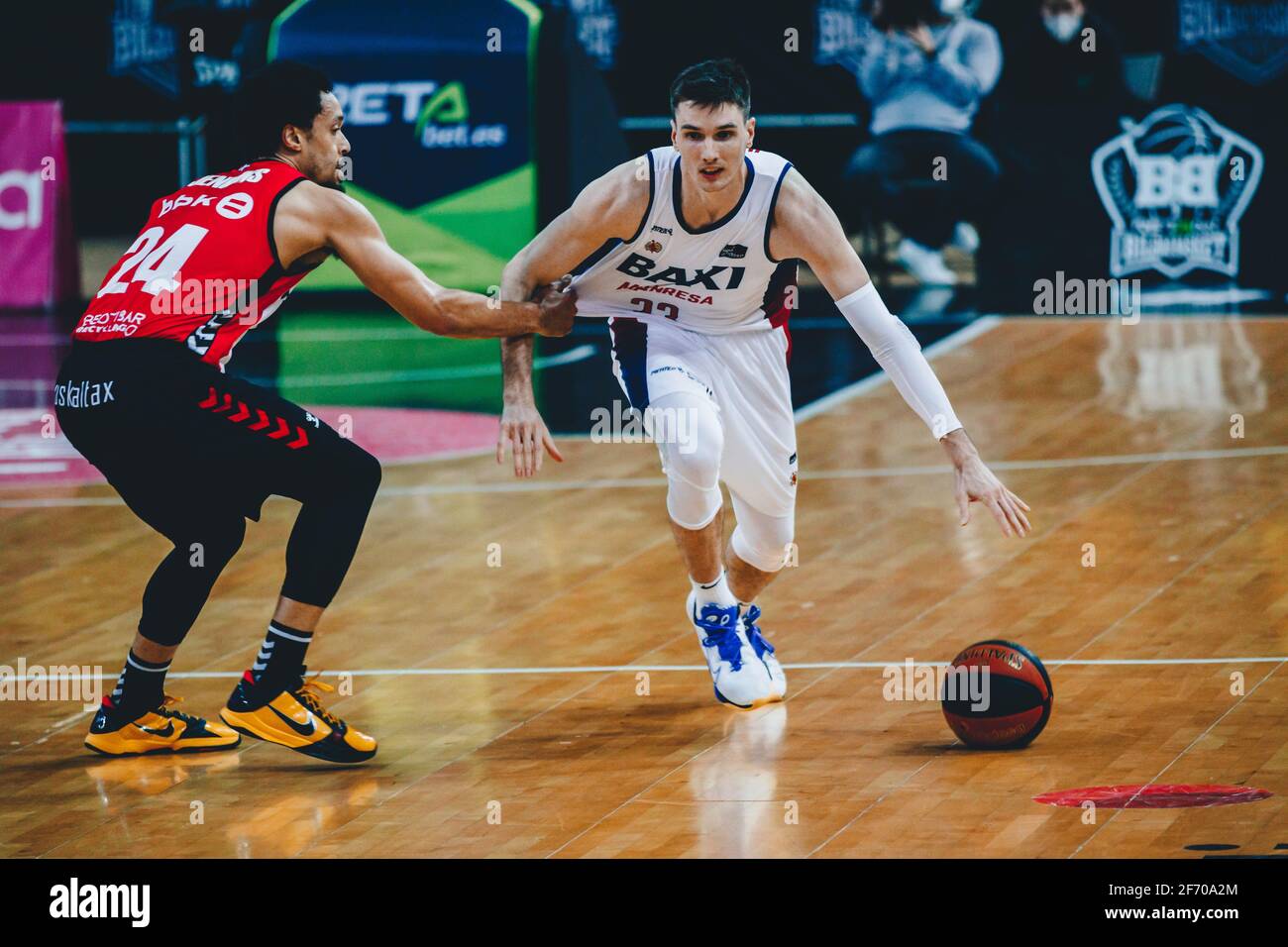 Bilbao, Basque Country, SPAIN. 3rd Apr, 2021. MATT JANNING (23) from Baxi  Manresa with the ballduring the Liga ACB week 29 game between Retabet  Bilbao Basket and Baxi Manresa at Miribilla Bilbao