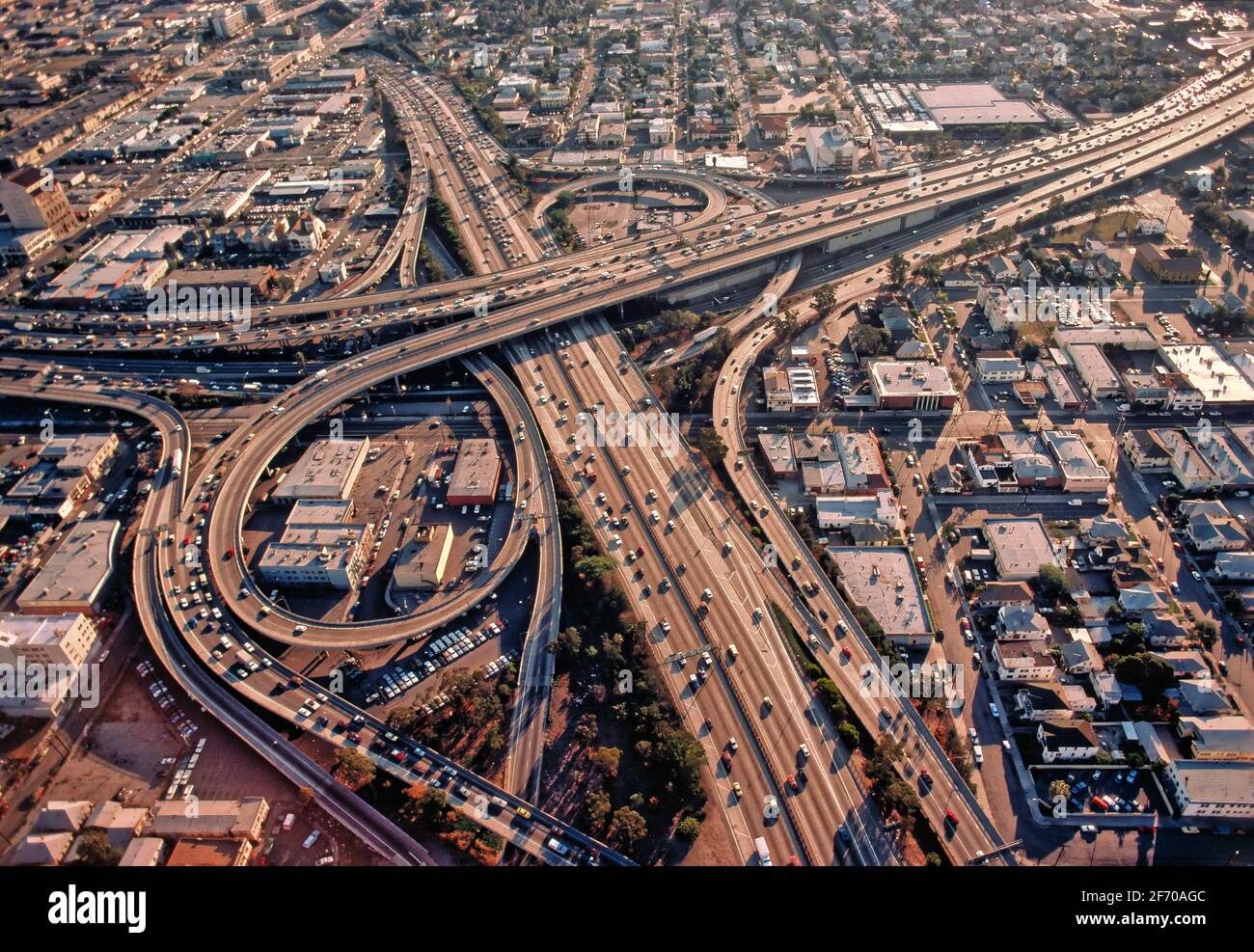 Aerial view of the 10 Freeway intersection with the 110 Freeway in Los Angeles, CA., USA Stock