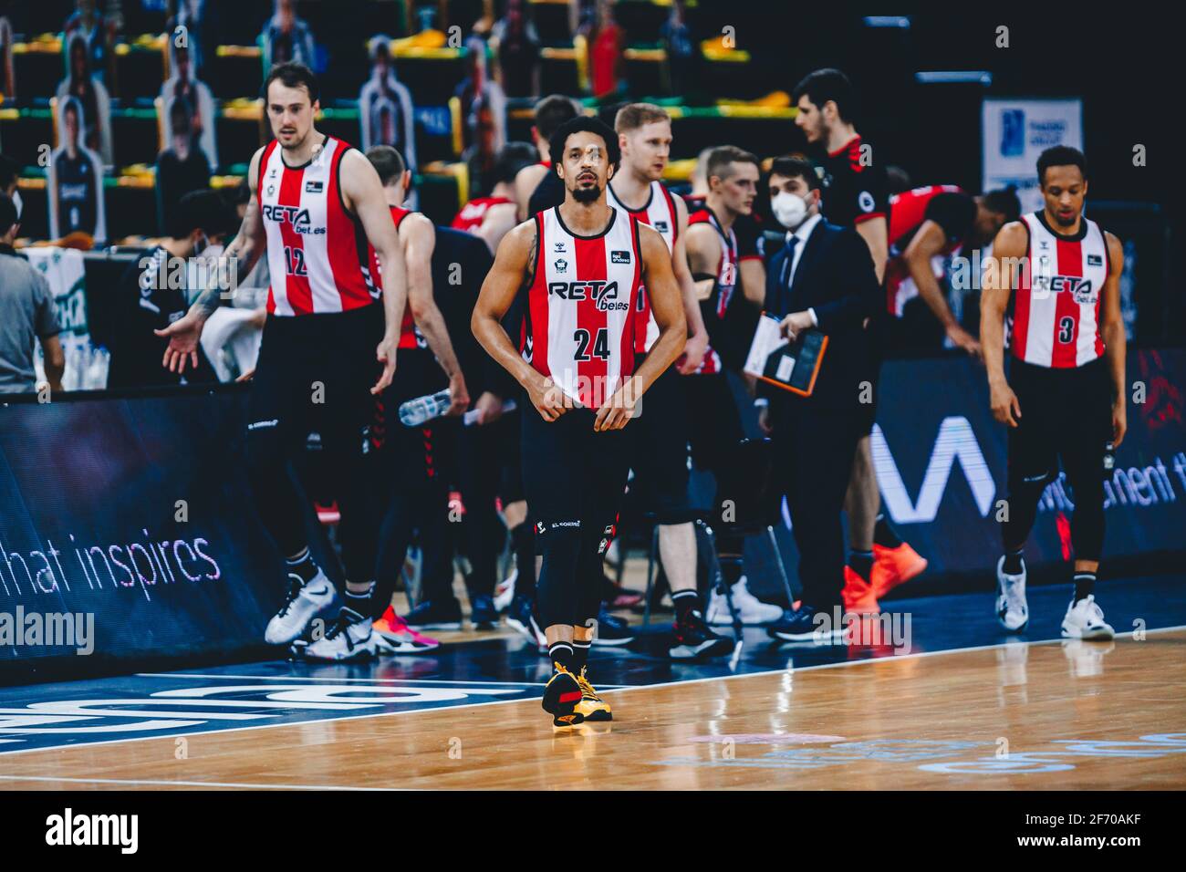 Bilbao, Basque Country, SPAIN. 3rd Apr, 2021. Bilbao Basket players with a  special red and white stripped jersey, in honor to Athletic Club, during  the Liga ACB week 29 game between Retabet